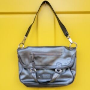 Nine West Metallic Silver Fold-Over Vegan Leather Satchel